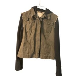 LA‎ Hearts Olive Green Hooded Utility Vest Black Sleeve Jacket - M